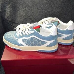Gucci Denim and White Lace-Up Sneakers